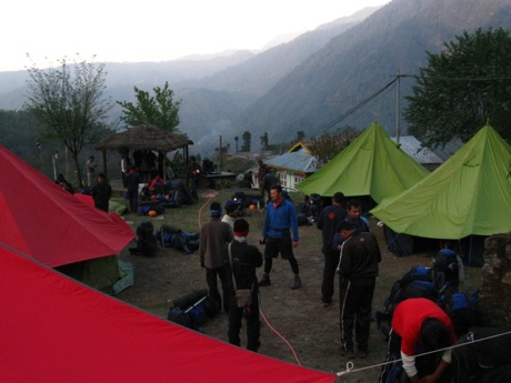 Yoksum camp: preparing for our first day of trekking to base camp! West Sikkim, India