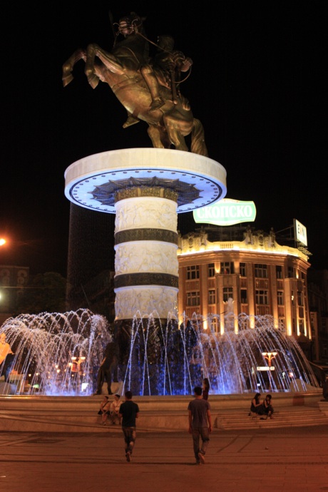 Warrior statue downtown Skopje - commonly mistaken to be Alexander the great is a wonderful place to enjoy some good food or drink in the piazza - Skopje, Macedonia